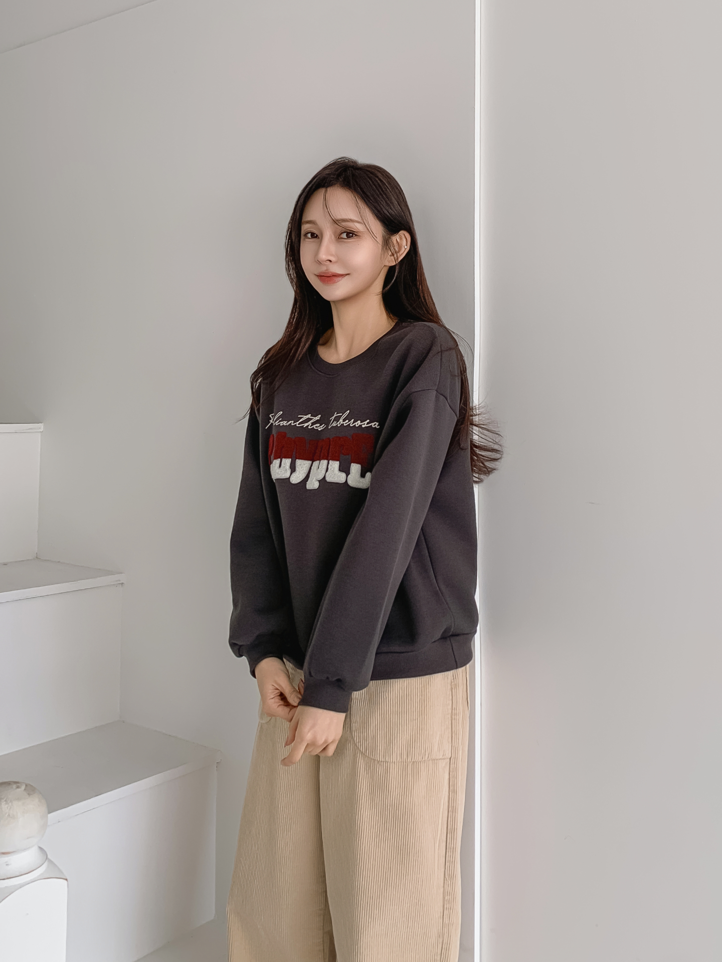 裏起毛ブークレ配色ラウンドネックルーズ長袖スウェット | 詳細画像10