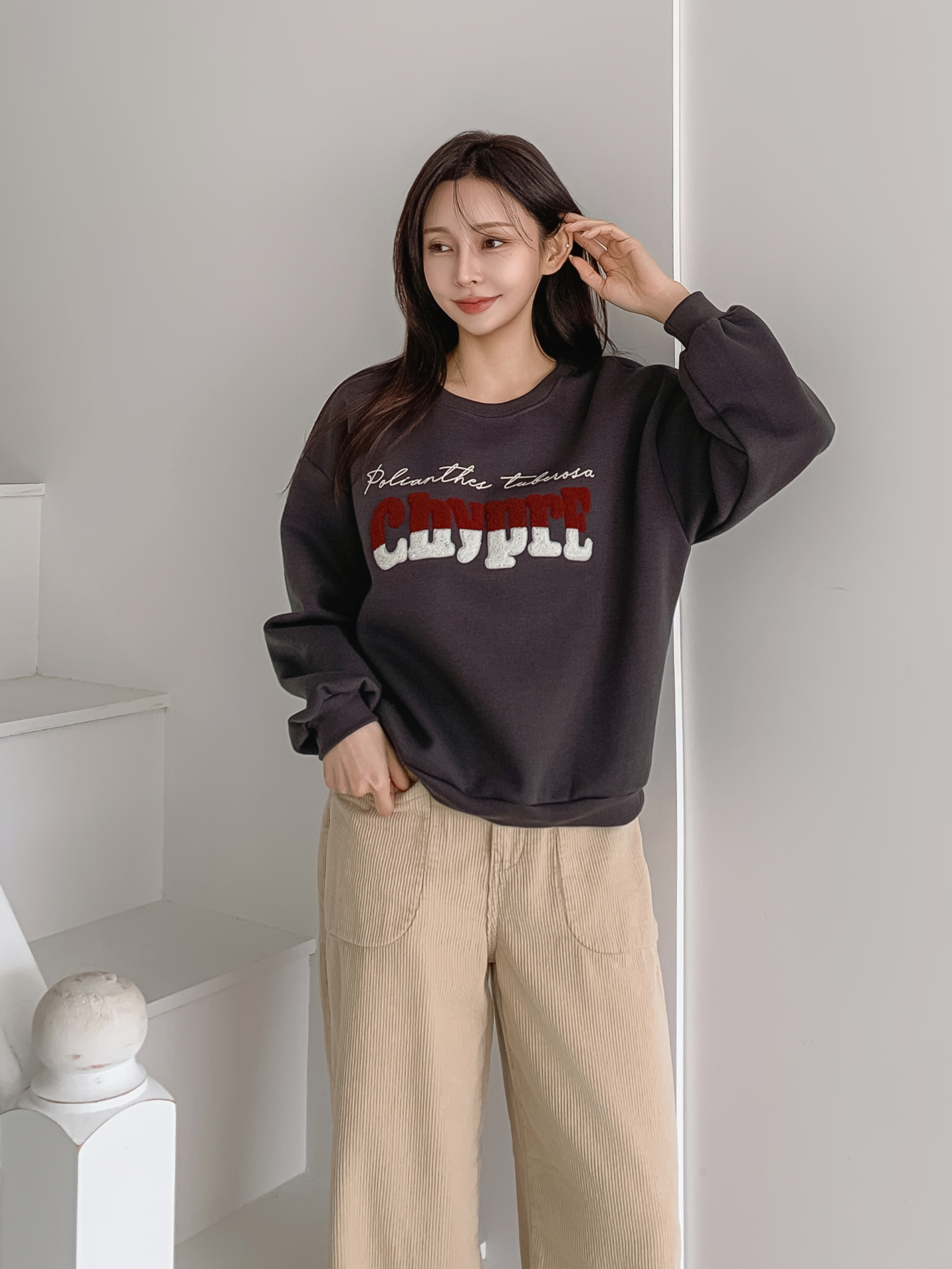 裏起毛ブークレ配色ラウンドネックルーズ長袖スウェット | 詳細画像11