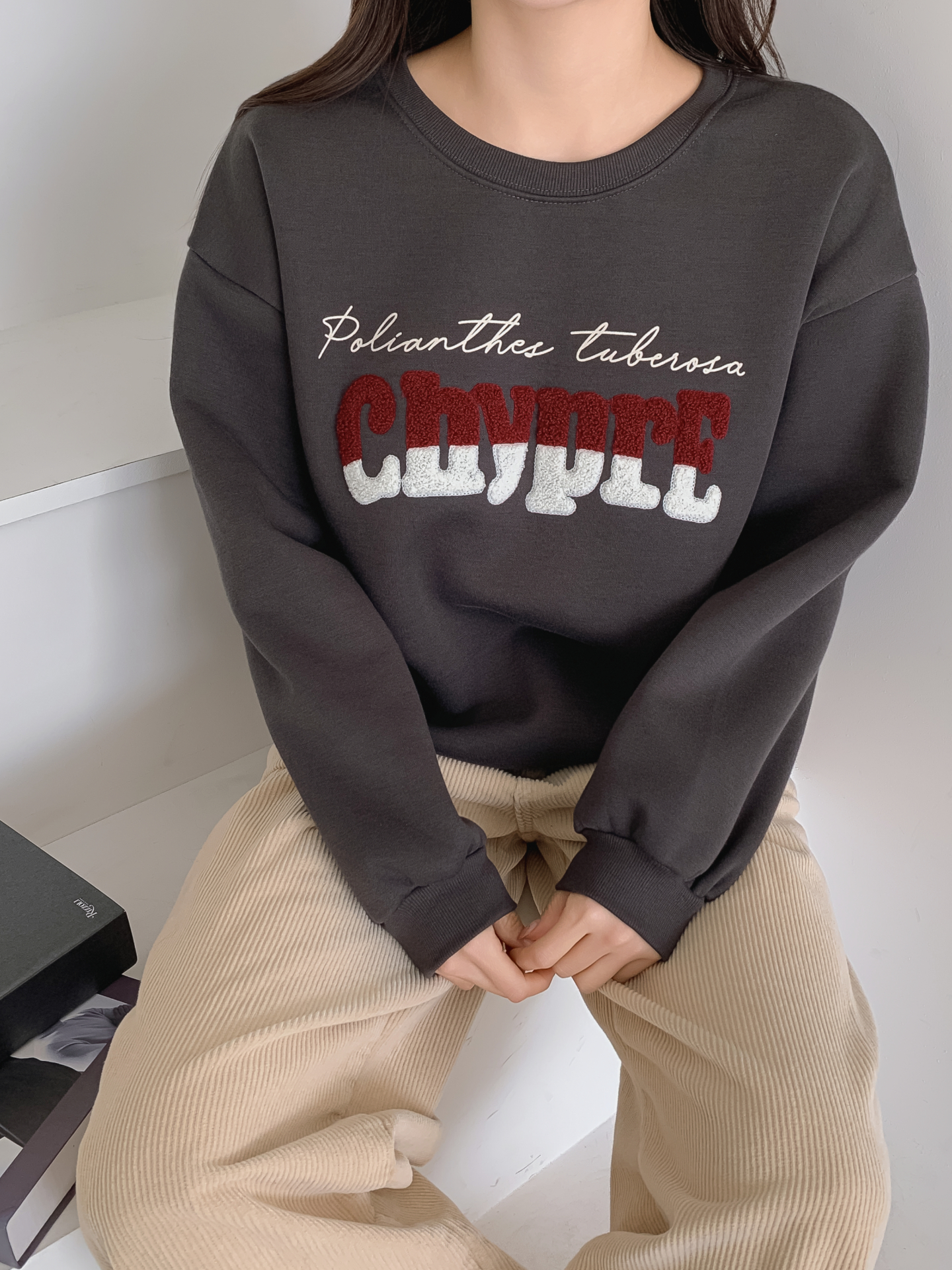 裏起毛ブークレ配色ラウンドネックルーズ長袖スウェット | 詳細画像12