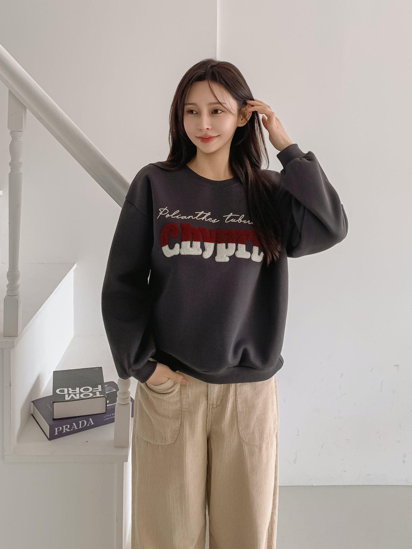 裏起毛ブークレ配色ラウンドネックルーズ長袖スウェット | 詳細画像14