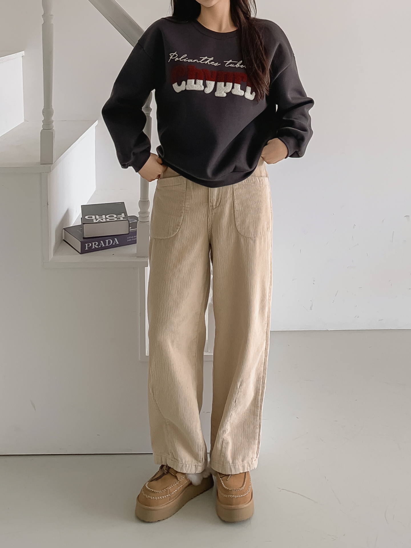 裏起毛ブークレ配色ラウンドネックルーズ長袖スウェット | 詳細画像15