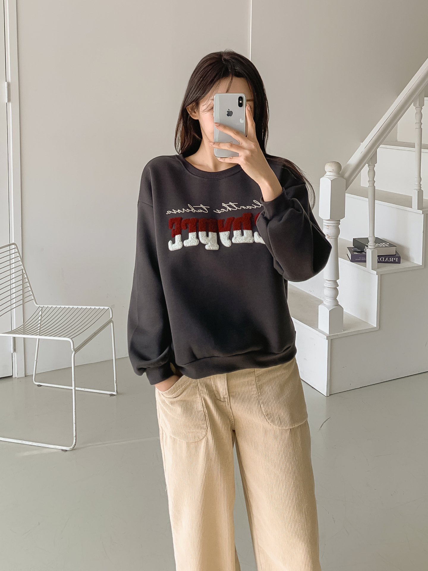 裏起毛ブークレ配色ラウンドネックルーズ長袖スウェット | 詳細画像16