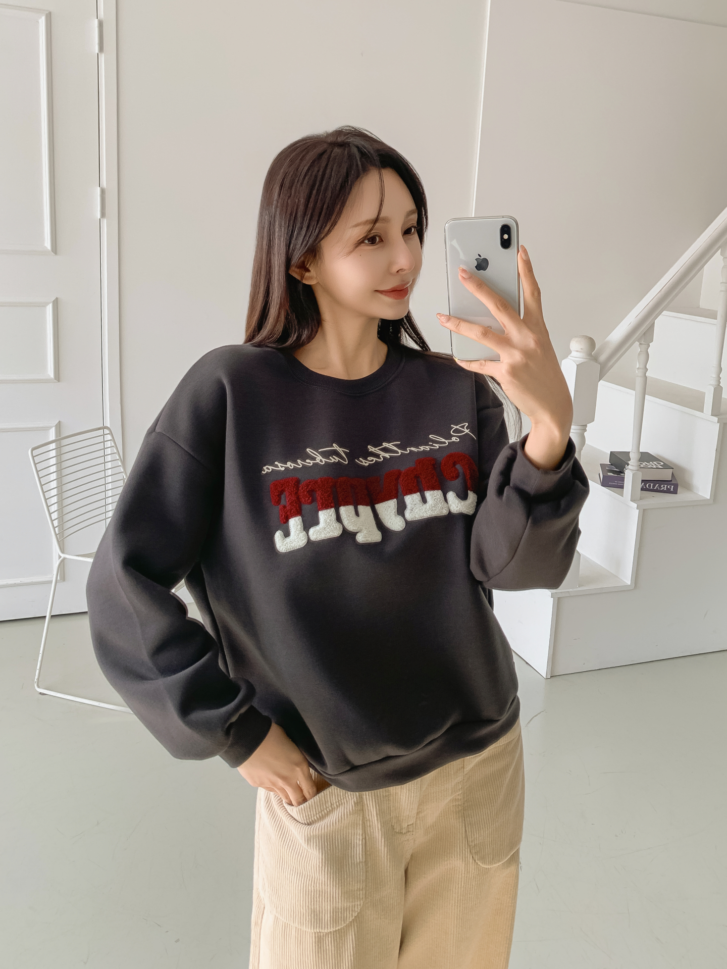 裏起毛ブークレ配色ラウンドネックルーズ長袖スウェット | 詳細画像17