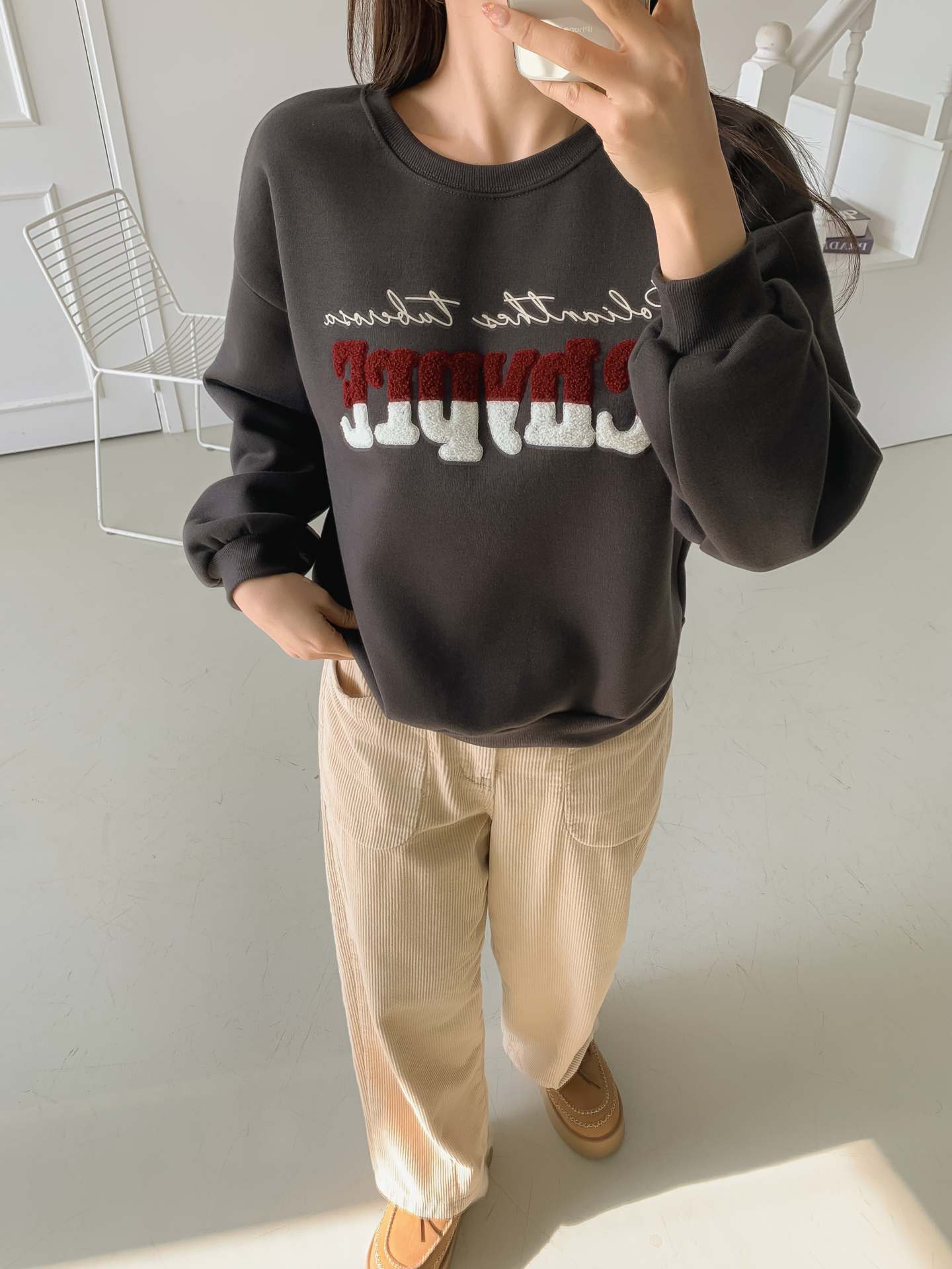 裏起毛ブークレ配色ラウンドネックルーズ長袖スウェット | 詳細画像18