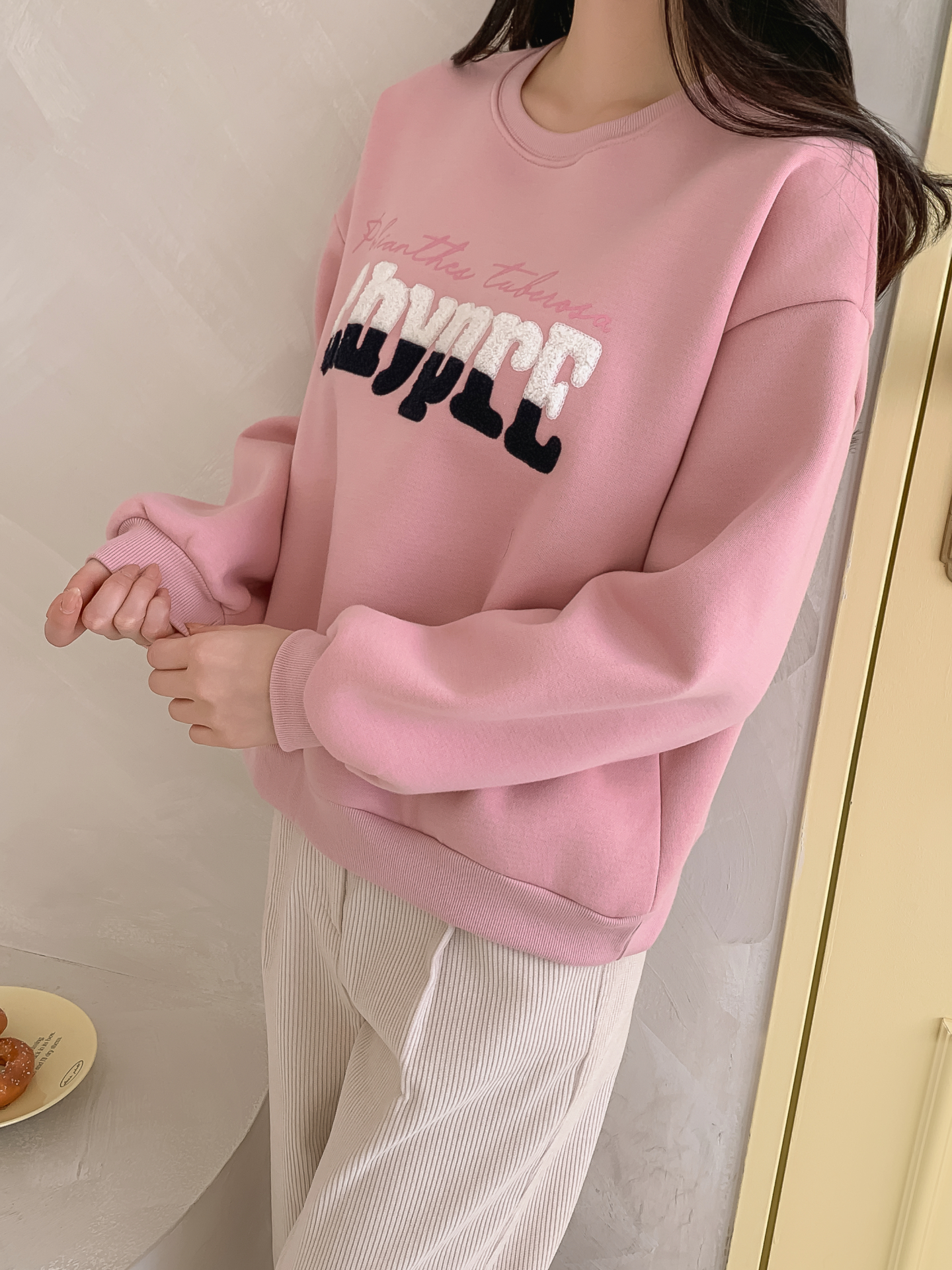 裏起毛ブークレ配色ラウンドネックルーズ長袖スウェット | 詳細画像27