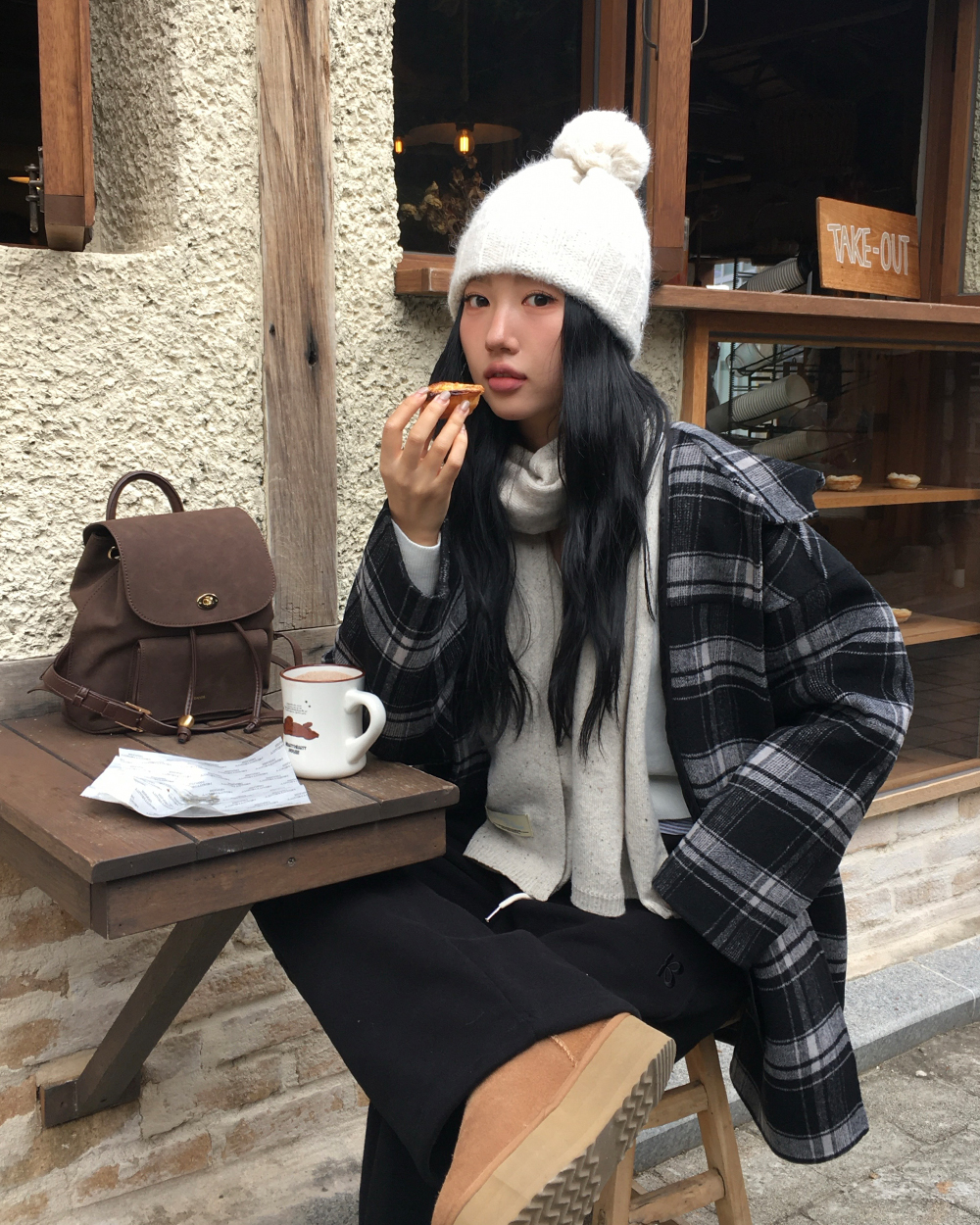 キルティングウール混ボタンフードポケットルーズ長袖チェックコート