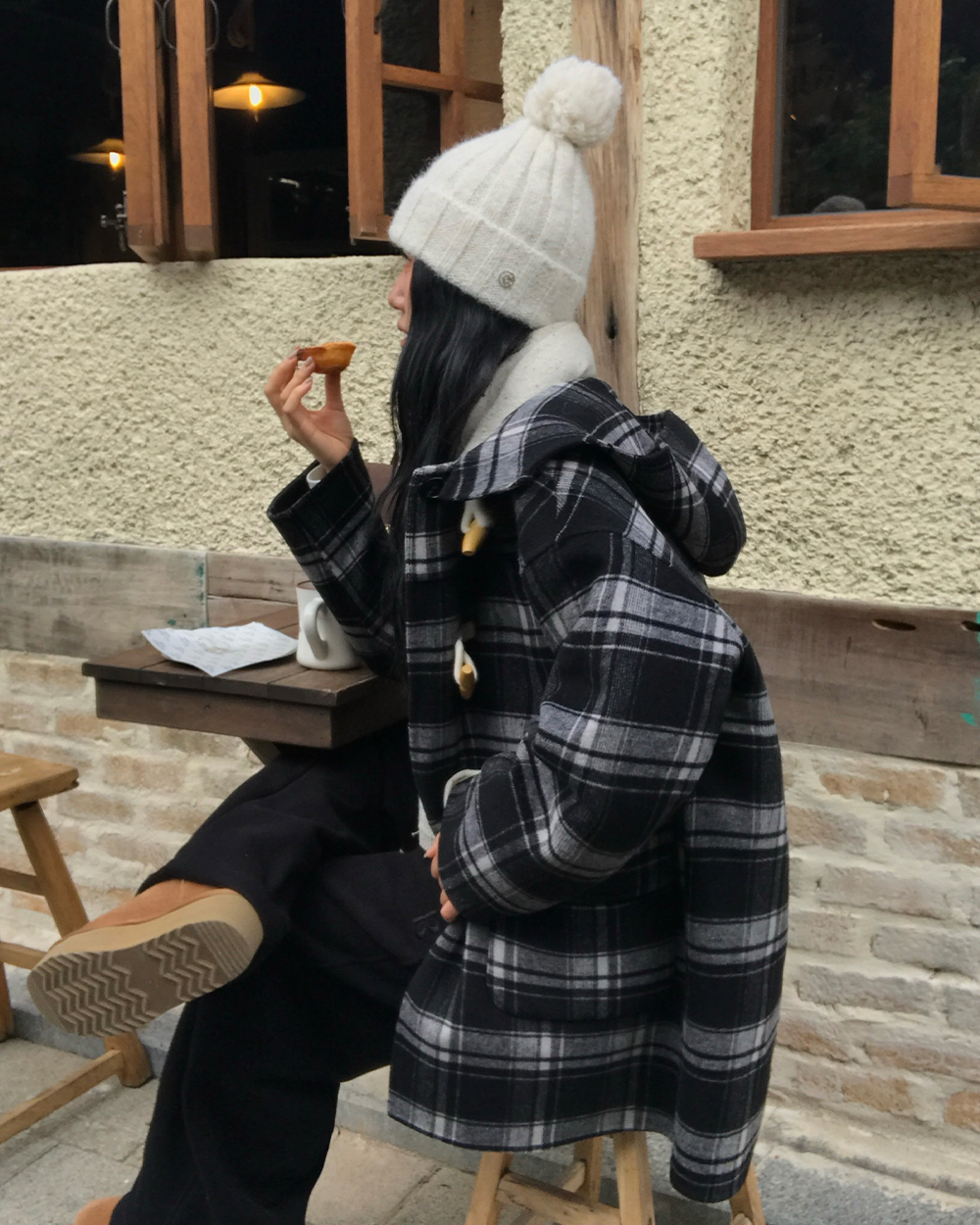 キルティングウール混ボタンフードポケットルーズ長袖チェックコート