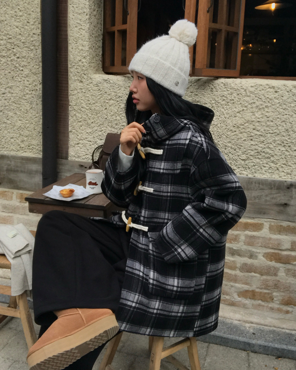 キルティングウール混ボタンフードポケットルーズ長袖チェックコート