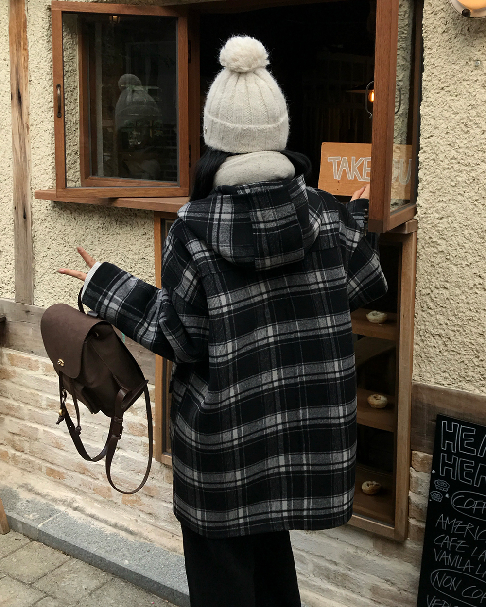 キルティングウール混ボタンフードポケットルーズ長袖チェックコート