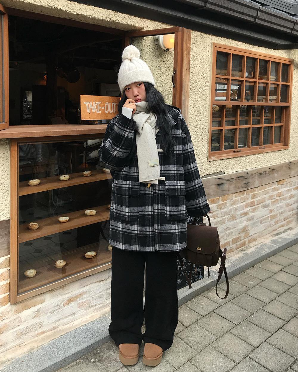 キルティングウール混ボタンフードポケットルーズ長袖チェックコート