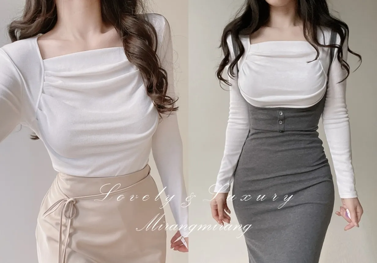 スクエアネック長袖ギャザーTシャツ | mirangmirang | 詳細画像1