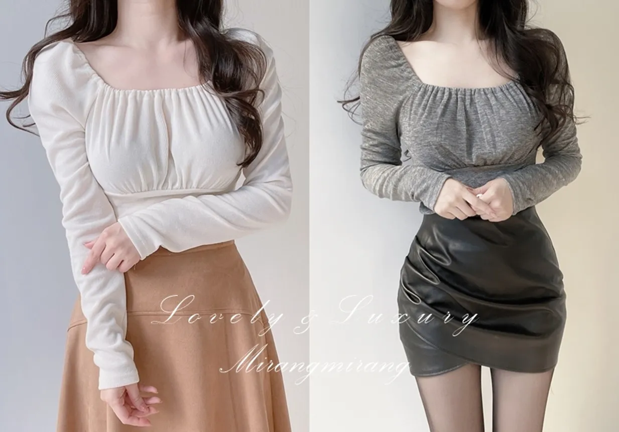 スクエアネックシャーリング長袖無地Tシャツ | mirangmirang | 詳細画像2