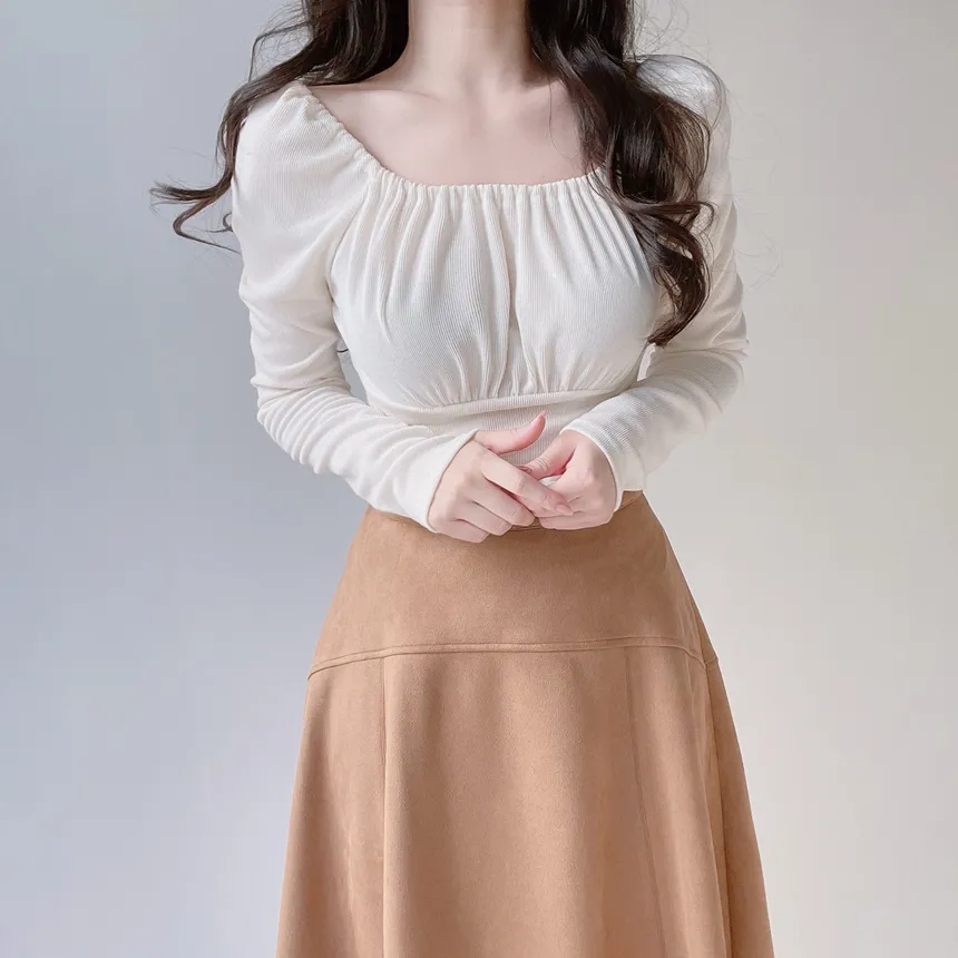 スクエアネックシャーリング長袖無地Tシャツ | mirangmirang | 詳細画像4