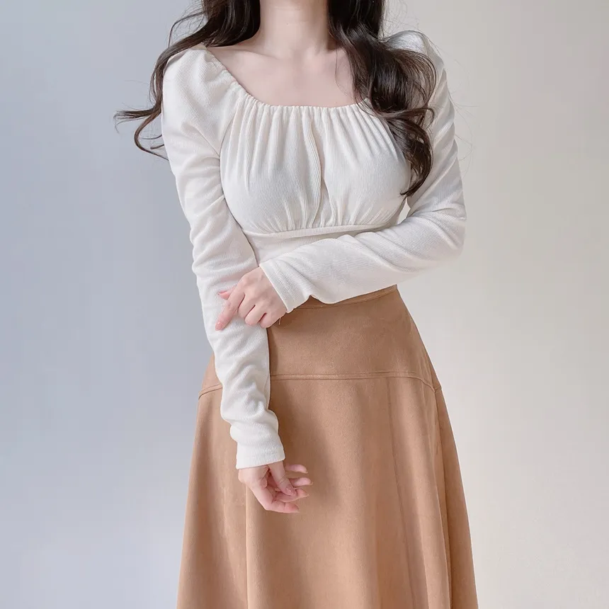 スクエアネックシャーリング長袖無地Tシャツ | mirangmirang | 詳細画像5