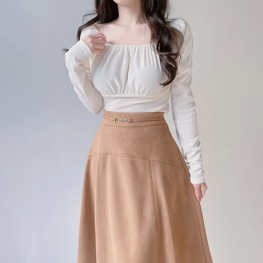 スクエアネックシャーリング長袖無地Tシャツ | mirangmirang | 詳細画像6