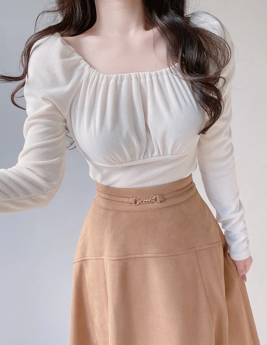 スクエアネックシャーリング長袖無地Tシャツ | mirangmirang | 詳細画像7