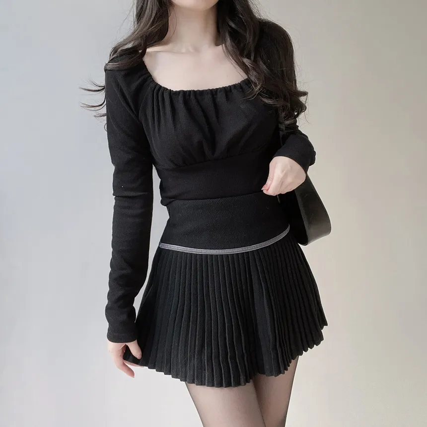 スクエアネックシャーリング長袖無地Tシャツ | mirangmirang | 詳細画像16