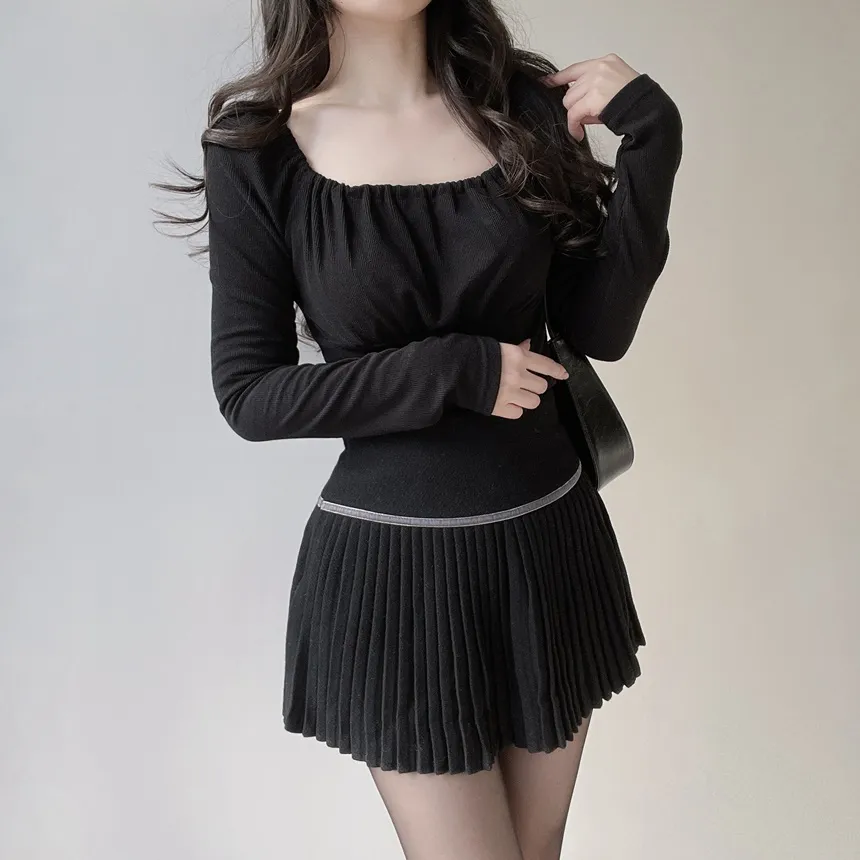 スクエアネックシャーリング長袖無地Tシャツ | mirangmirang | 詳細画像17