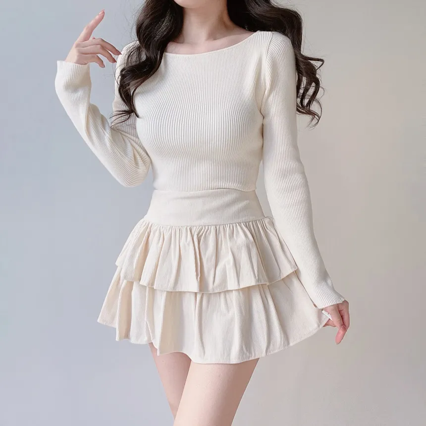 リブボートネック長袖ボーダー無地ニット2TYPE | mirangmirang | 詳細画像2