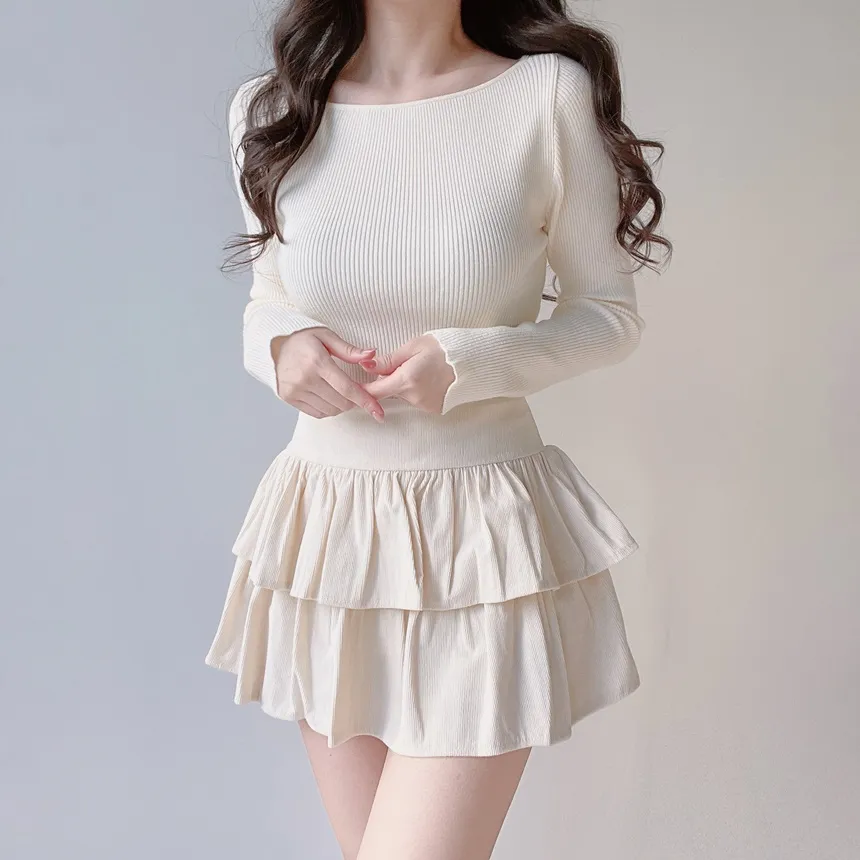 リブボートネック長袖ボーダー無地ニット2TYPE | mirangmirang | 詳細画像4