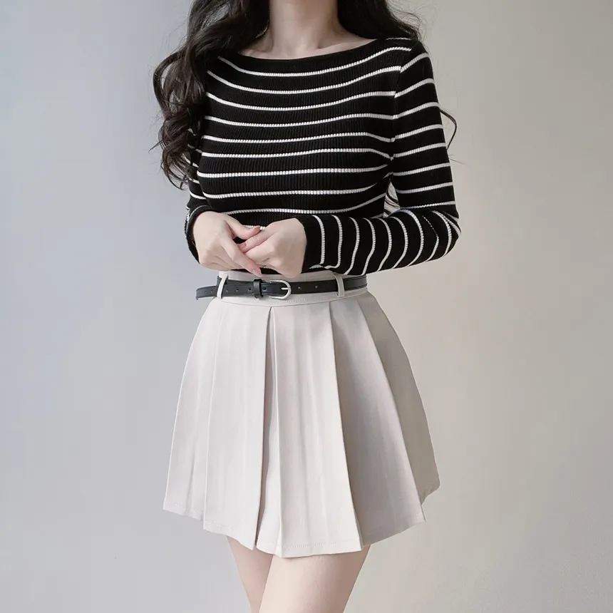 リブボートネック長袖ボーダー無地ニット2TYPE | mirangmirang | 詳細画像15