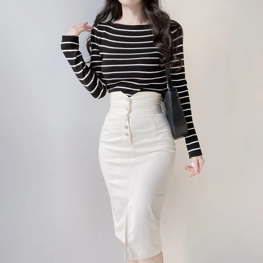 リブボートネック長袖ボーダー無地ニット2TYPE | mirangmirang | 詳細画像20