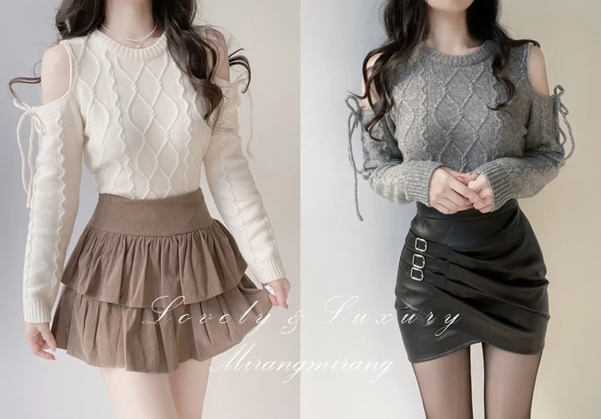 リボンオフショルダーケーブルニット | mirangmirang | 詳細画像1