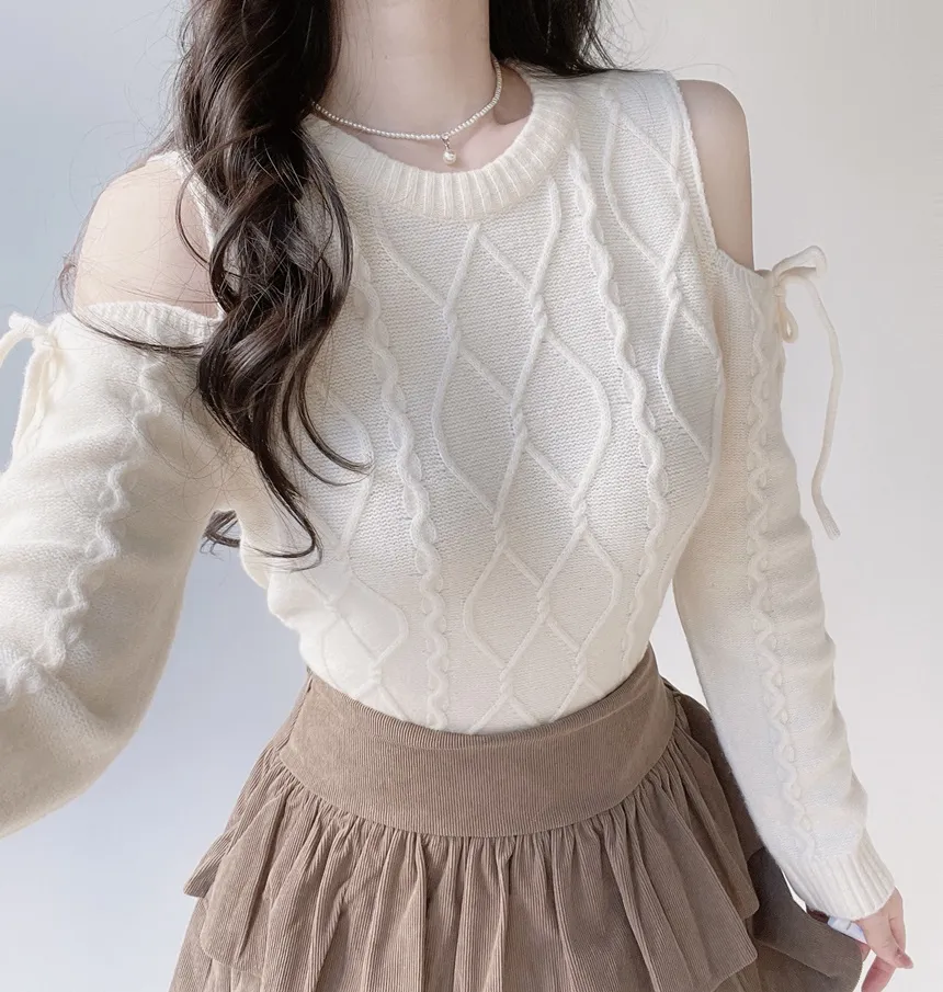 リボンオフショルダーケーブルニット | mirangmirang | 詳細画像4