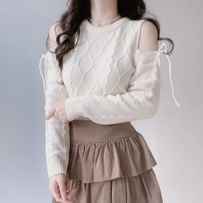 リボンオフショルダーケーブルニット | mirangmirang | 詳細画像5