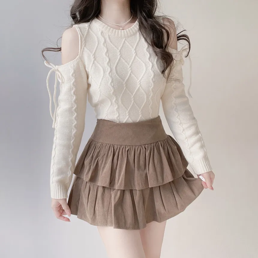 リボンオフショルダーケーブルニット | mirangmirang | 詳細画像9