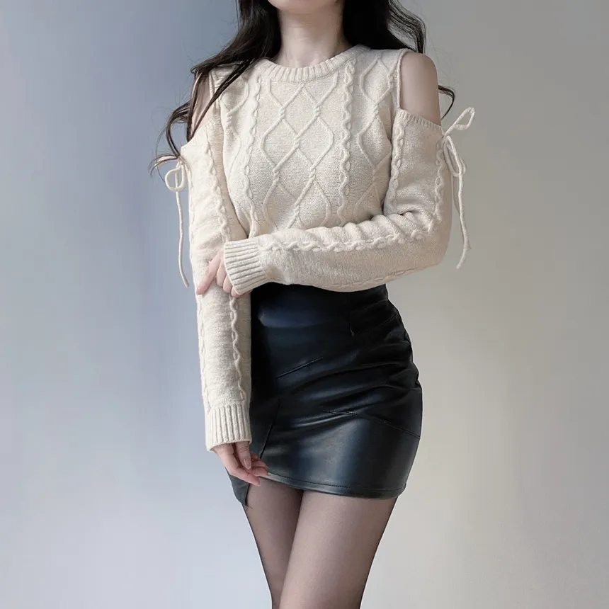 リボンオフショルダーケーブルニット | mirangmirang | 詳細画像13