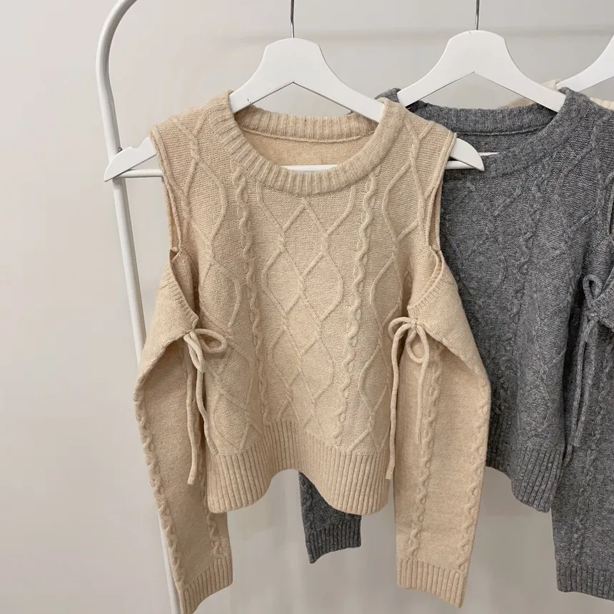 リボンオフショルダーケーブルニット | mirangmirang | 詳細画像33