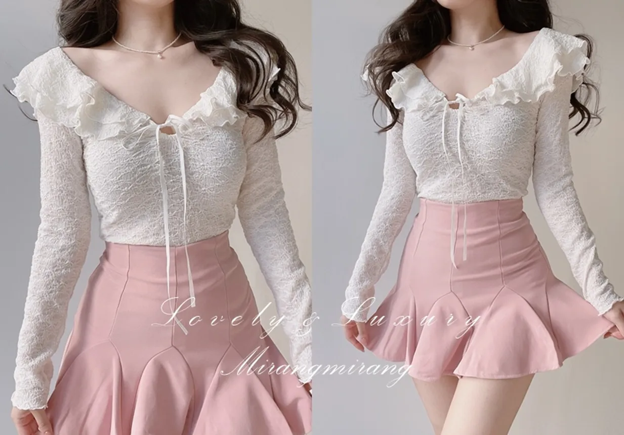 フリルドローストリングウェーブカット長袖Tシャツ | mirangmirang | 詳細画像1