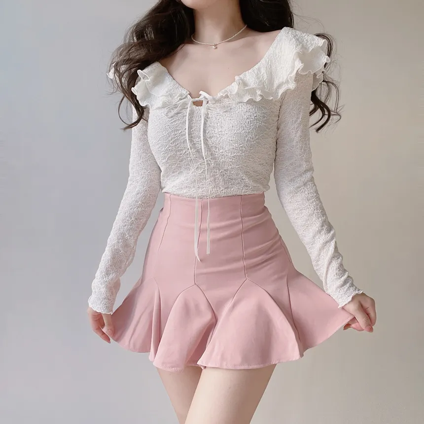 フリルドローストリングウェーブカット長袖Tシャツ | mirangmirang | 詳細画像8