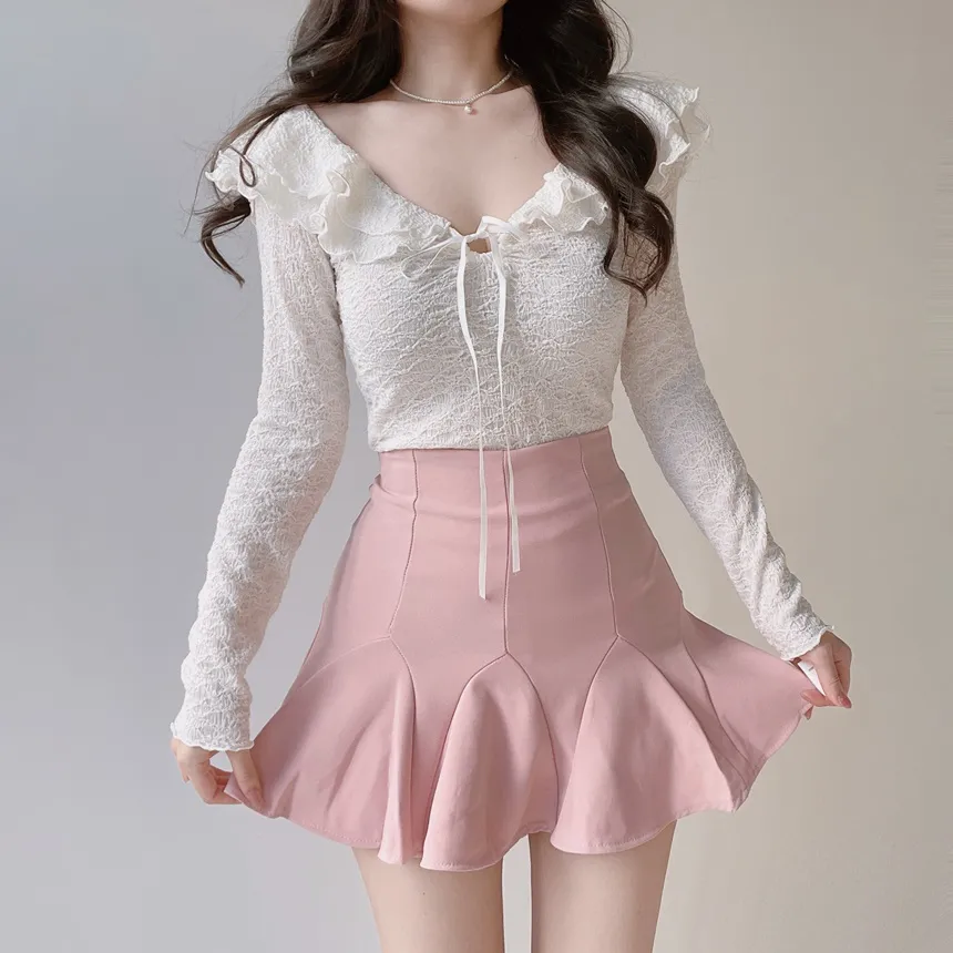 フリルドローストリングウェーブカット長袖Tシャツ | mirangmirang | 詳細画像9