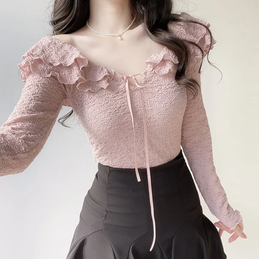 フリルドローストリングウェーブカット長袖Tシャツ | mirangmirang | 詳細画像11