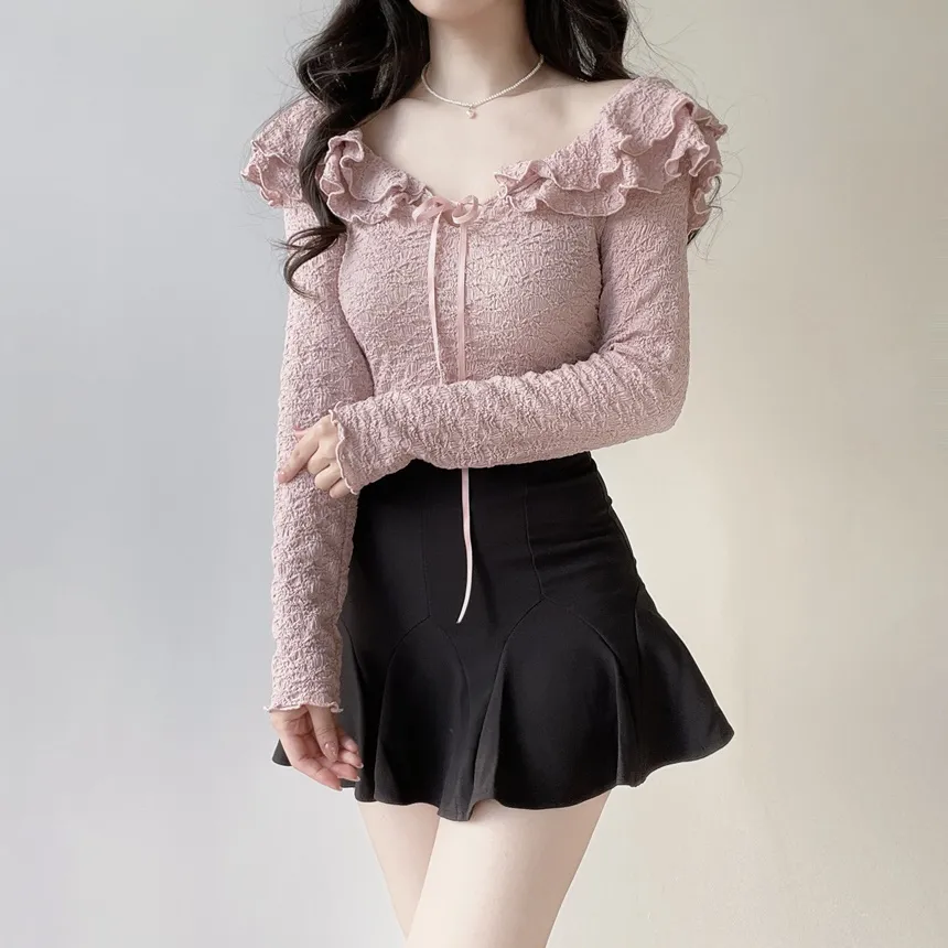 フリルドローストリングウェーブカット長袖Tシャツ | mirangmirang | 詳細画像14