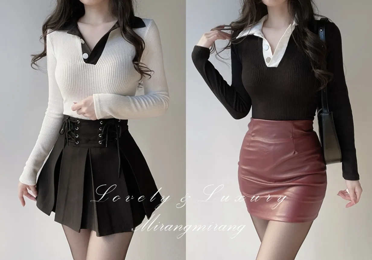 配色ボタンカラー長袖Tシャツ | mirangmirang | 詳細画像1