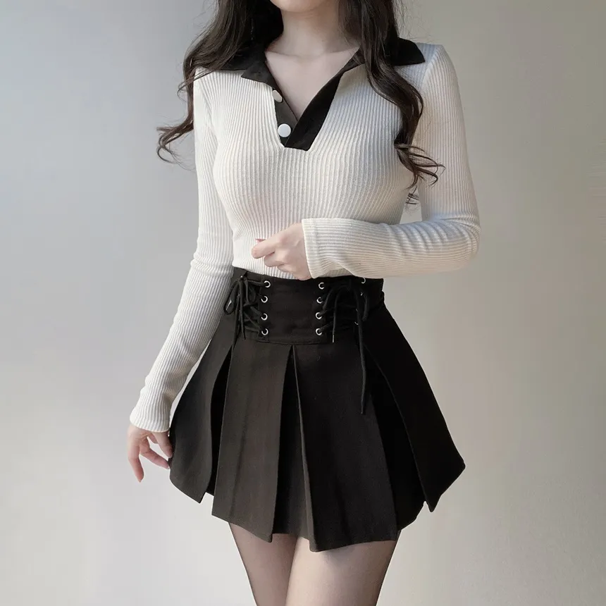 配色ボタンカラー長袖Tシャツ | mirangmirang | 詳細画像2