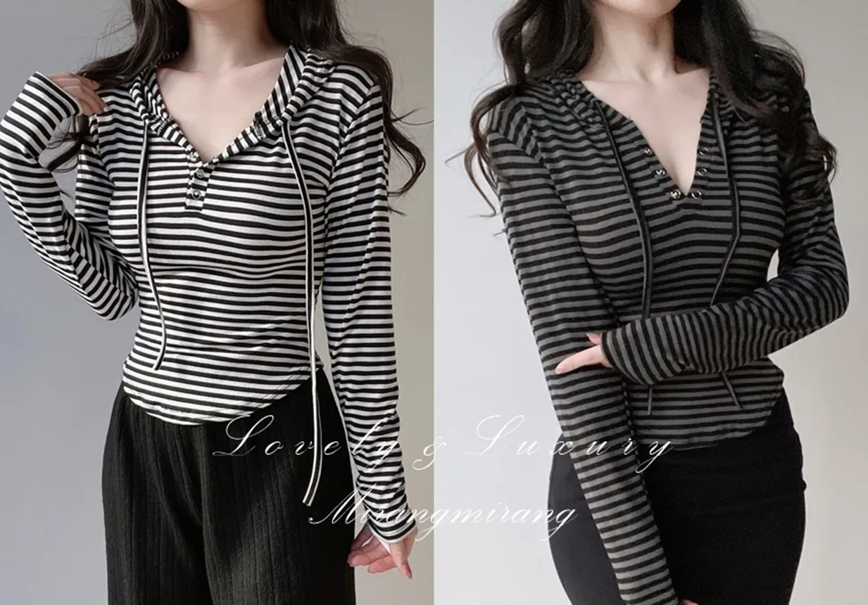 スナップボタンドローストリング長袖ボーダーTシャツ | mirangmirang | 詳細画像1