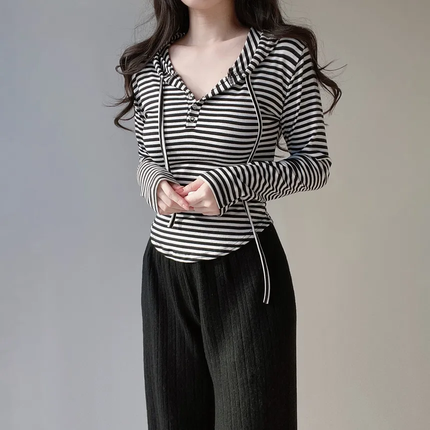 スナップボタンドローストリング長袖ボーダーTシャツ | mirangmirang | 詳細画像5