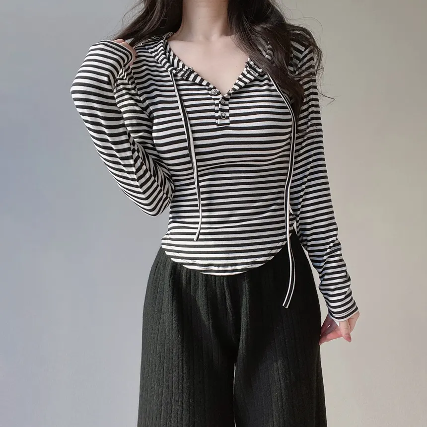 スナップボタンドローストリング長袖ボーダーTシャツ | mirangmirang | 詳細画像8