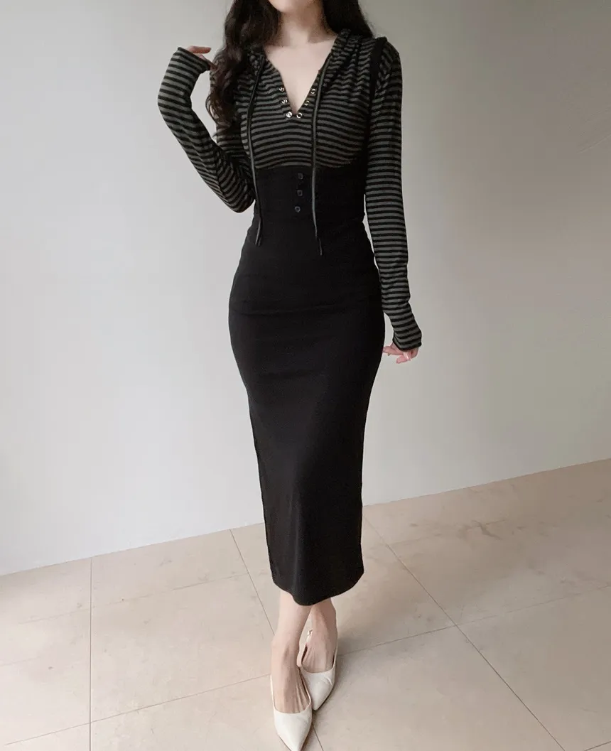 スナップボタンドローストリング長袖ボーダーTシャツ | mirangmirang | 詳細画像13