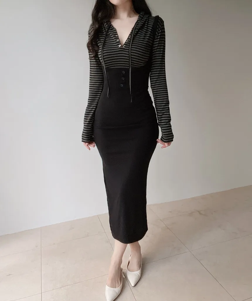 スナップボタンドローストリング長袖ボーダーTシャツ | mirangmirang | 詳細画像14