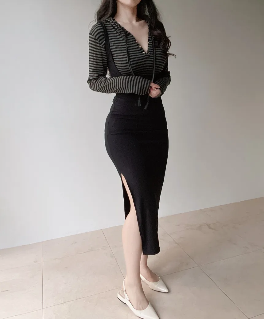 スナップボタンドローストリング長袖ボーダーTシャツ | mirangmirang | 詳細画像15