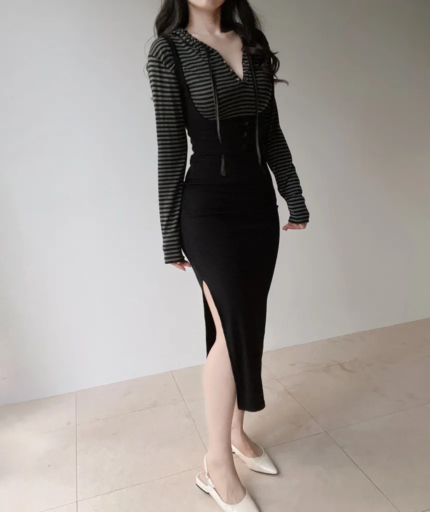 スナップボタンドローストリング長袖ボーダーTシャツ | mirangmirang | 詳細画像16