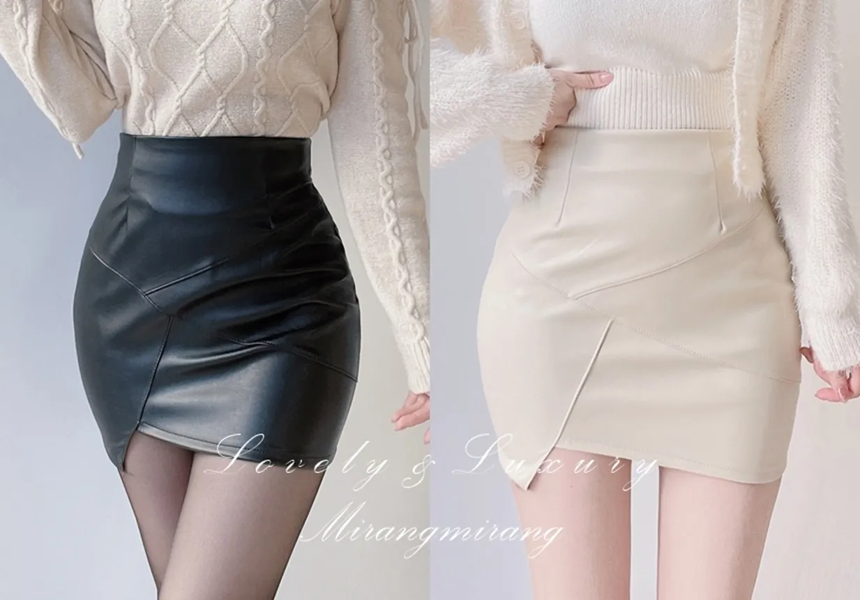 レザー調ハイウエストアンバランスミニスカート | mirangmirang | 詳細画像1