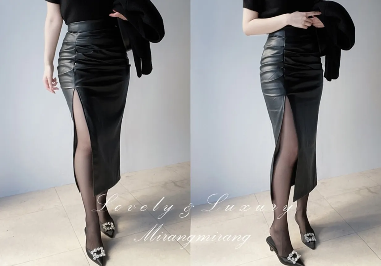 レザー調スリットギャザーロングスカート | mirangmirang | 詳細画像1