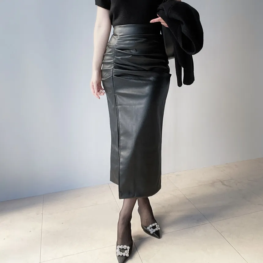レザー調スリットギャザーロングスカート | mirangmirang | 詳細画像3