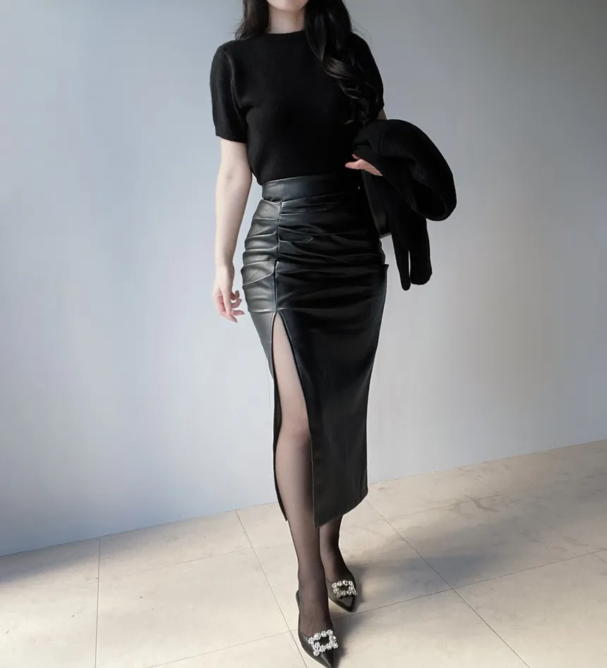 レザー調スリットギャザーロングスカート | mirangmirang | 詳細画像8